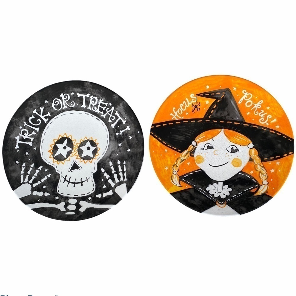 Pottery Barn Kids Halloween Melamine Plate Set (2) Hocus Pokus Witch Skeleton